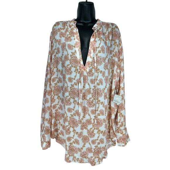 FREE PEOPLE Mia Tunic Top Sz M Pink Beige Floral VNeck Tie Front Viscose Woven - Picture 8 of 16